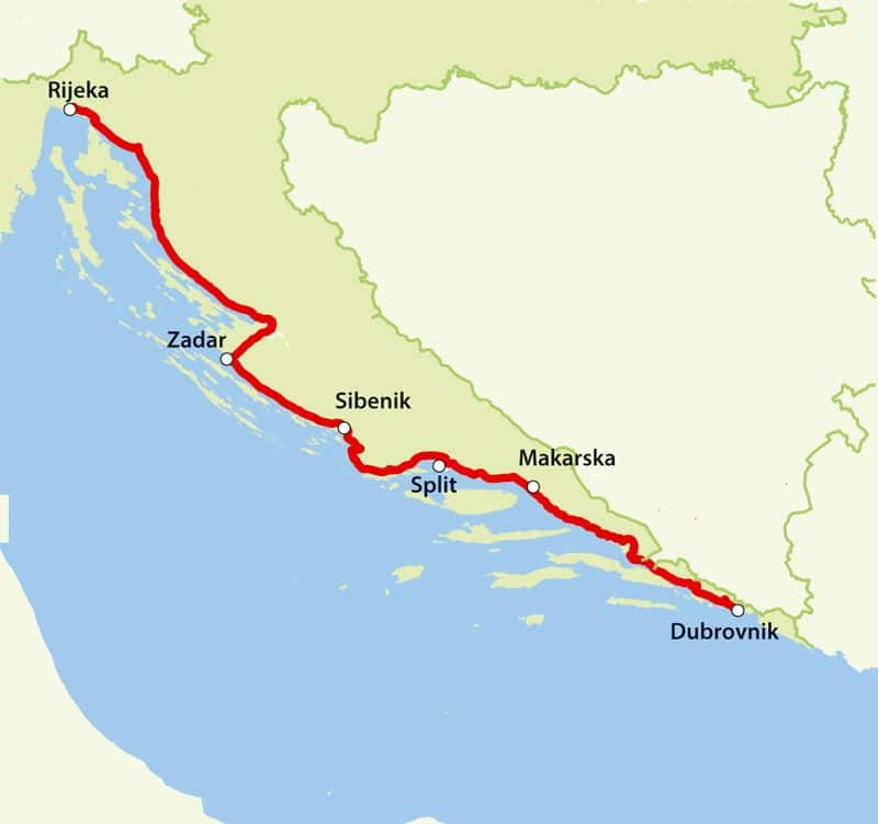Auf dieser Karte könnt ihr den Streckenverlauf des kroatischen Teils der Küstenstraße Jadranska Magistrala sehen.