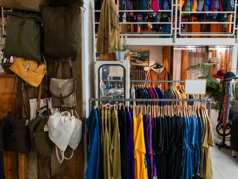 Second Hand-Laden, mit Kleiderstangen voller Kleider und Taschen, Hüten und Krawatten